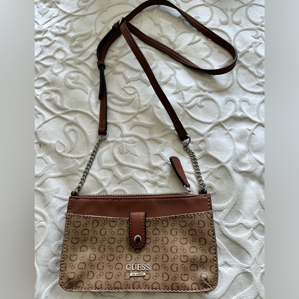GUESS Crossbody Bag, Brown and Tan, adjustable strap